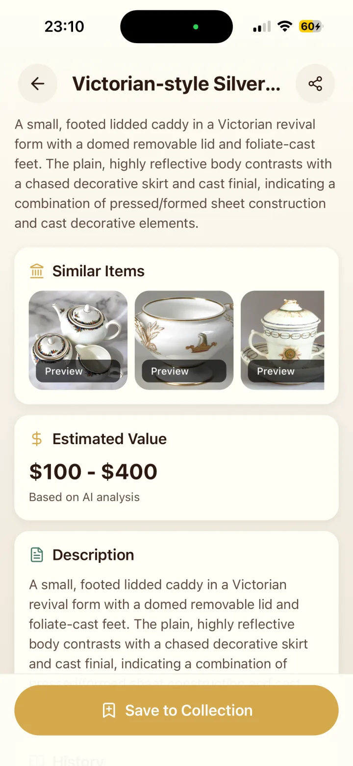 Antique Identifier shows a collection list with item names, categories, and match percentage badges for each saved antique.
